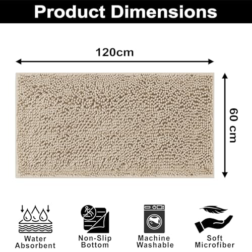 Image of LUXE HOME INTERNATIONAL Shaggy Chenille Bath Mat Extra Soft Super Absorbent Anti Skid Slip Popcorn Door Mats for Home Entrance, Bathroom, Bedroom, Kitchen, Floor Mat (60x120 cm Beige) Pack of 1