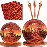 chiazllta 96 Pcs Volcano Hot Lava Party Paper Plate and Napkins Lava Volcano Party Decorations Dragon Dinosaur Party Paper Plate Napkin Fork for Party Favors 24 Guests