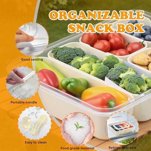 Snackbox mit Fächern, Snack Tablett mit 4 Gabeln aus Edelstahl, Kunststoff Snackbox Auslaufsicher, Organizer mit Deckel und Handgriff, für Kühlschrank Vorratskammer Snack, Obst Gewürzorganizer