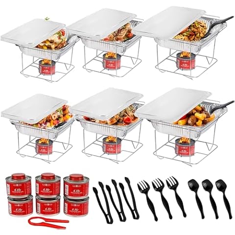 Alpha Living 6 Pack - Disposable Chafing Dish Buffet Set, Welded Body Food Warmers for Parties, 6hr Fuel Cans Complete Set, Half Size Pans, Warming Trays Cover