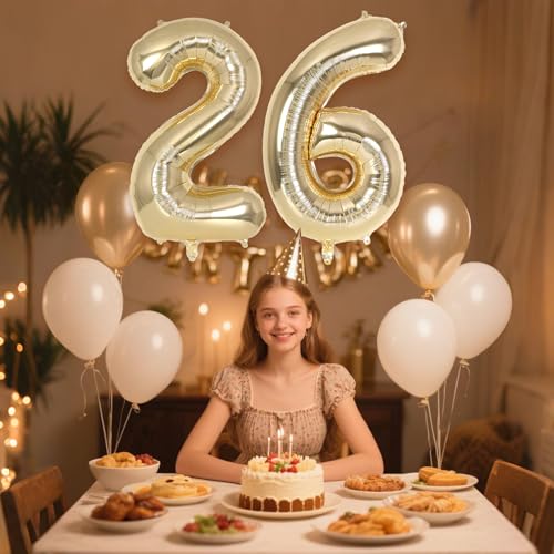 Image of Champagne Gold Large Number 26 Balloon, 40 Inch Light Gold Foil Helium Number Balloons, Giant Mylar Number 26 Balloons for 26 Years Old Birthday Party Anniversary Decorations (Champagne Gold 26)
