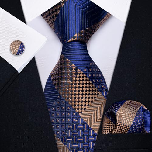 Image of YourTies Striped Plaid Ties for Men Silk Formal Necktie Set | 3.15 inch(8cm) Woven Jacquard Mens Ties with Necktie Pocket Square Cufflink Tie Clip Lapel Pin for Wedding Business Party