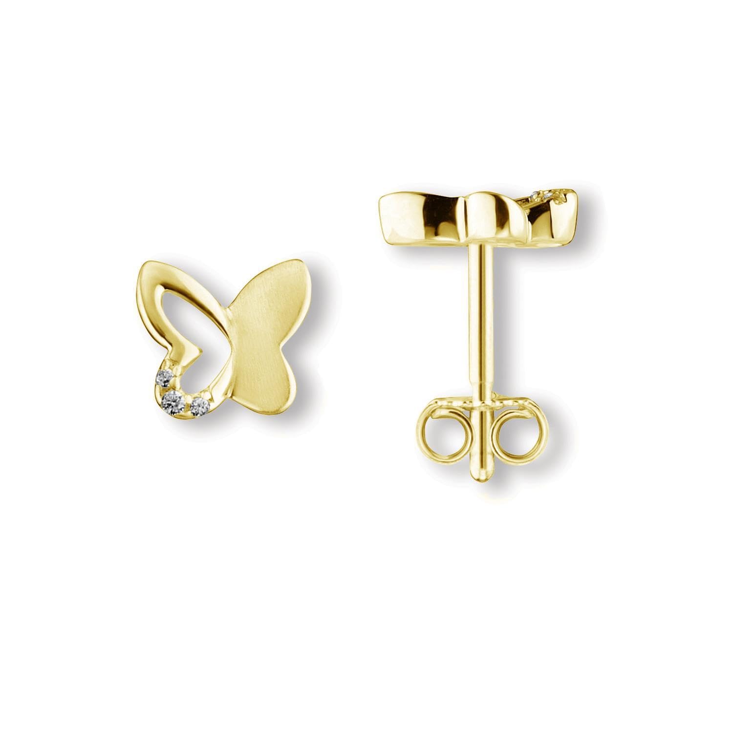 Schmuckset Mädchen Schmetterling Gold (Silber 925 vergoldet) Kette Ohrringe | Kinder Anhänger Halskette Ohrstecker Kinderkette mit Zirkonia Steinchen, Schmetterlings Set Kinderschmuck Geschenk
