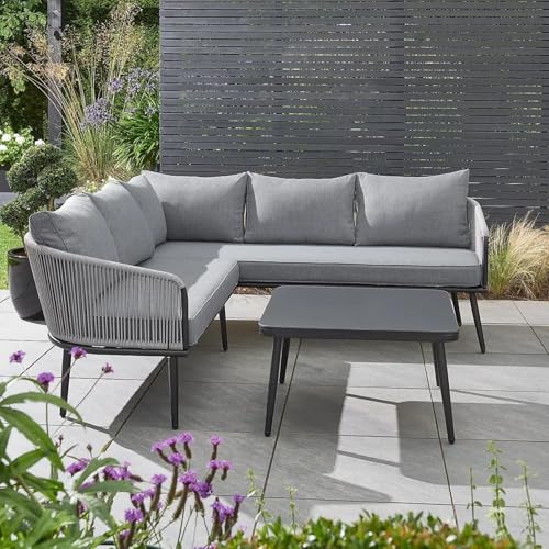 Image of DEVOKO Outdoor L-Shaped Conversation Sofa Set Rope Woven Design Patio Furniture Set Includes Cushions and Center Table (Grey)
