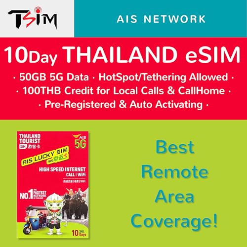 TSIM Tarjeta eSIM de Tailandia 10 días 50 GB | Número local + CallHome| Activación automática | Red AIS 5G con conexión compartida/punto de acceso/compartir Internet | Código QR incluido