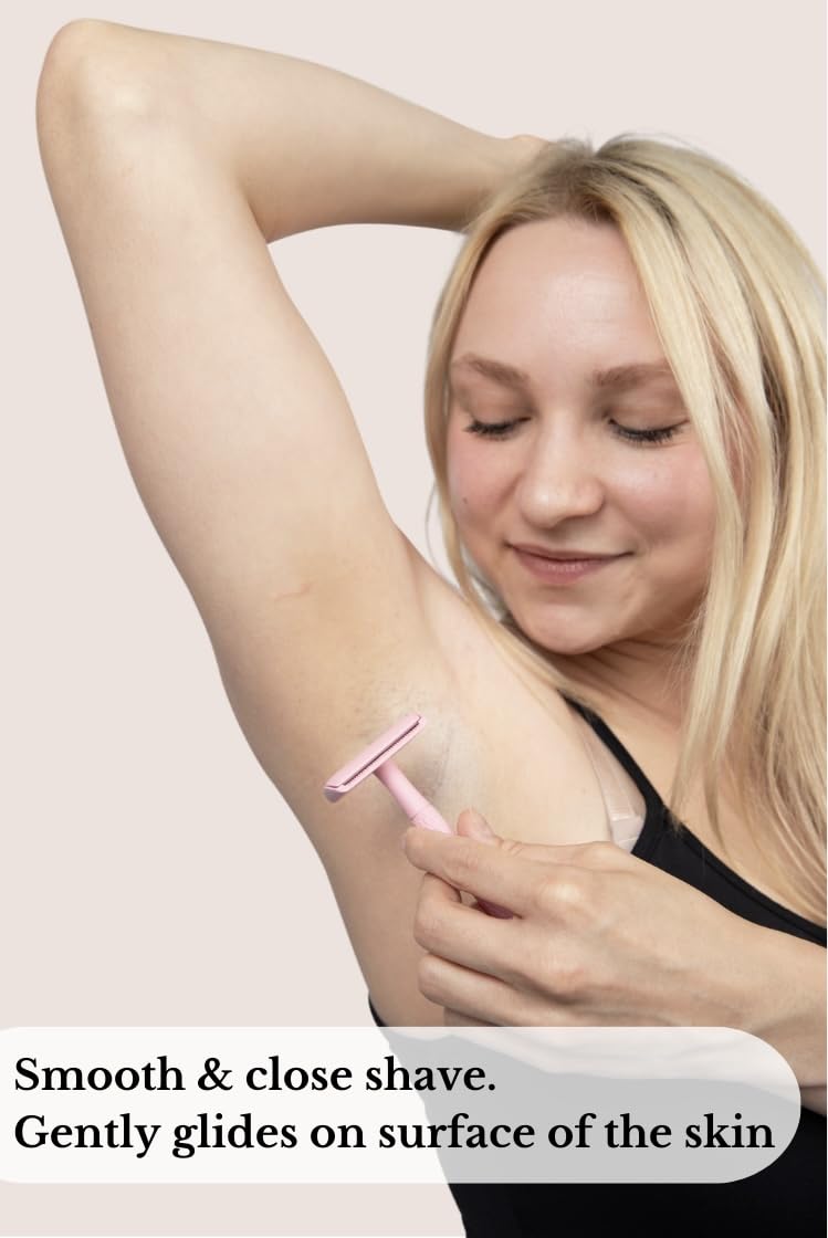 Eco Double Edge Metal Alloy Safety Razor for Women + 5 Double Edge Safety Razor Blade Refills, Reusable Razor for Shaving (Pink)