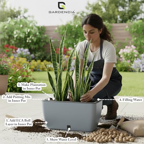 Image of GARDENCIA Self Watering Flower Pots for Outdoor Indoor Gardening /Rectangle Big Plant Pot with Polypropylene UV Material /Decorative Modern Gamla (Pack of 1, Recta Big Ston Grey)