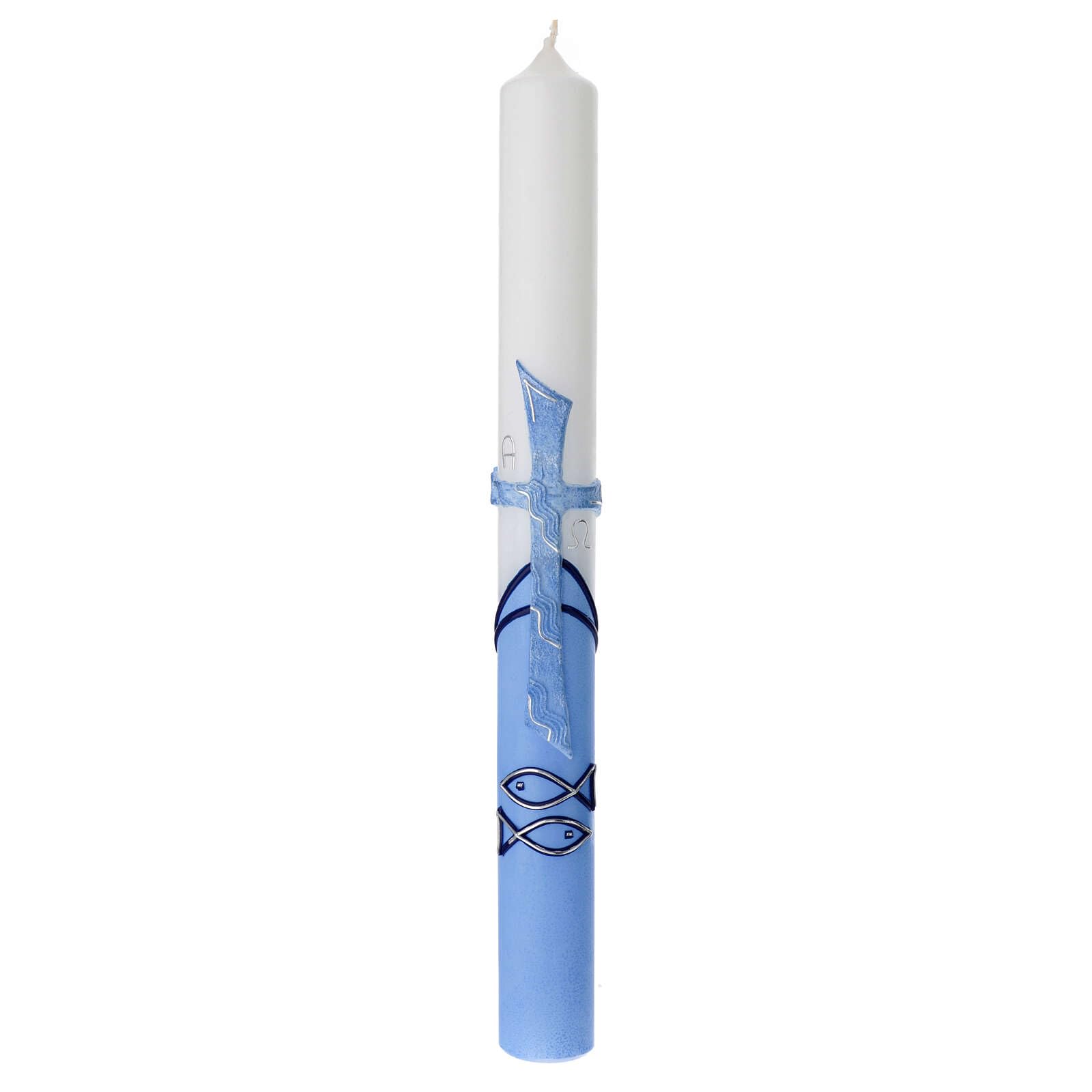 Large Candle for Baptism, Light Blue, Embossed Cross, 400x40 mm
