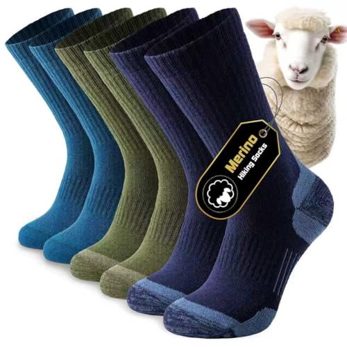 Niorasen Merino Wool Hiking Socks for Men Women, Cushioned Anti Blister Walking Socks, Moisture Wicking Athletic Performance Thermal Socks for Running Trekking Work Outdoor Sports, 3 Pairs