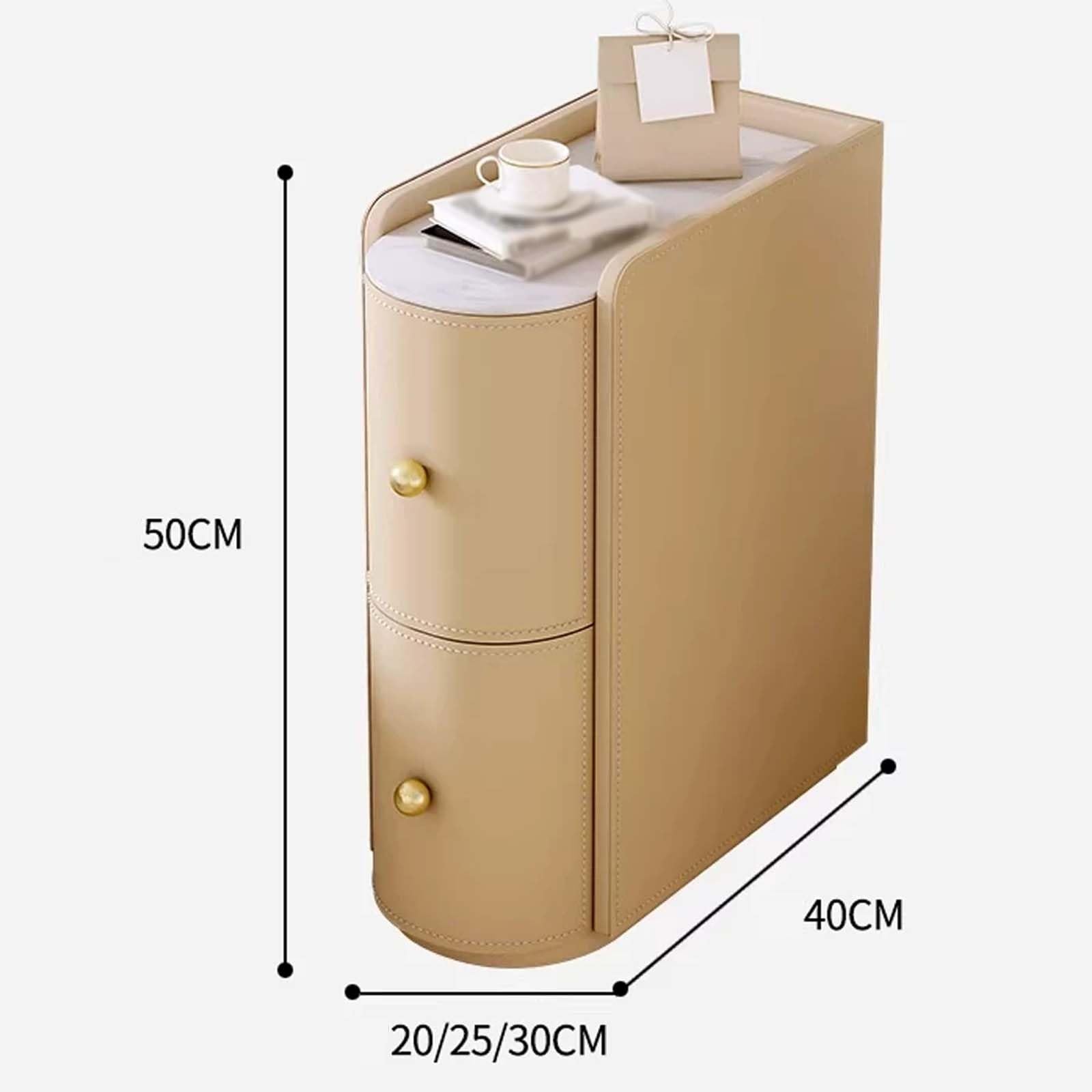 Comodino Moderno e Stretto, Piccolo Comodini con 2 Cassetti | Tavolino in Legno con Lastra di Roccia e Pu Pelle per Camera da Letto e Soggiorno