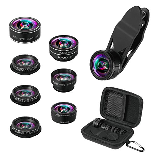 (Upgraded) Phone Camere Lens, 9 in 1 Cell Phone Lens Kit, Zoom Lens, 0.36X Wide Angle Lens + 0.63X Wide Lens + 15X Macro Lens + 20X Macro Lens + 198°Fisheye Lens + CPL + Starburst Lens Telephoto Lens