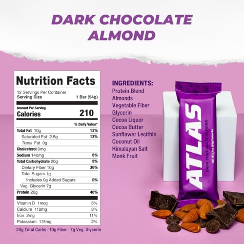 Image of Atlas Real Food Protein Bar - 20g Clean Protein, 1g Sugar, No Seed Oils, No Artificial Sweeteners (Dark Chocolate Almond, 24 Count)