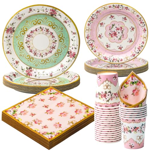 PARTY GO 96 Stück Teeparty Party Geschirr Set Teeparty Einwegpapier...