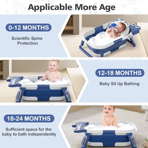 Image of Collapsible Baby Bathtub for Newborn, Foldable Baby Bath Tub with Thermometer & Soft Floating Cushion & Drain Hole, Portable Travel Infant Bath Tubs for Newborns to Toddlers 0-36 Months Boy,NavyBlue