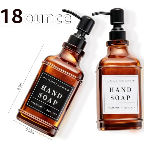 Amber Glass Soap Dispenser with Pump,Tray,Funnel, Countertop Soap and Lotion Dispenser Set of 2 with 60 Stickers, Dish and Hand Soap Dispenser Bottle for Kitchen,Bathroom,Shower,500ml/16.9oz