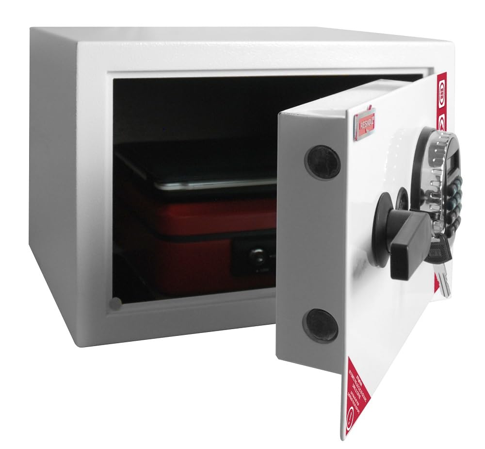 RESKAL - Caja de seguridad de 16,5 L con código electrónico y llave de emergencia - 2 varillas de 20 mm, alarma, iluminación interior, dimensiones 250 x 350 x 270 mm - Seguro y práctico