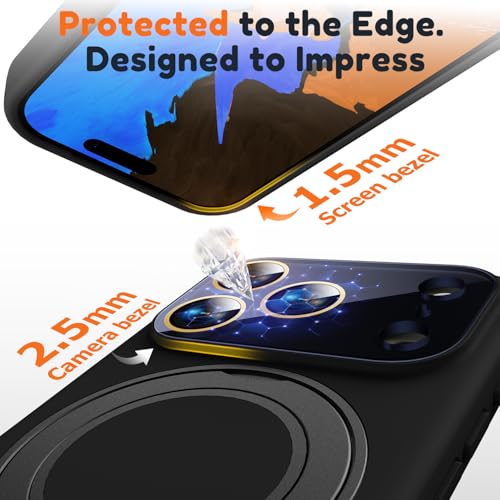 Image of Silicone 360 Spin Magnetic Stand Case for iPhone 17 Pro, [Compatible with Mag-Safe][Reinforced Hard Camera Protection] Liquid Silicone Rubber Phone Case Cover with Ring, Camera Button, Jet Black