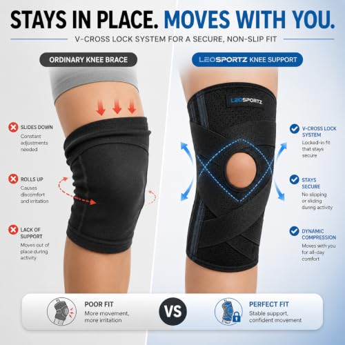 Image of Leosportz Knee Support for Pain Relief - Knee Cap for Men Women | Adjustable Compression Knee Support for ACL, MCL, Arthritis, Running, Sports & Recovery (Black, L)