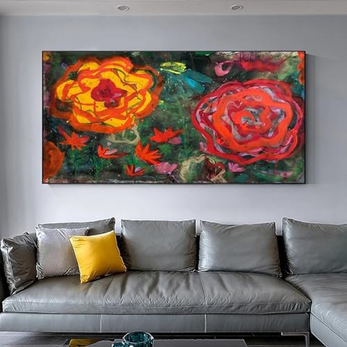 Peinture abstraite rose rouge KEBIA toile florale salon 50x100 cm
