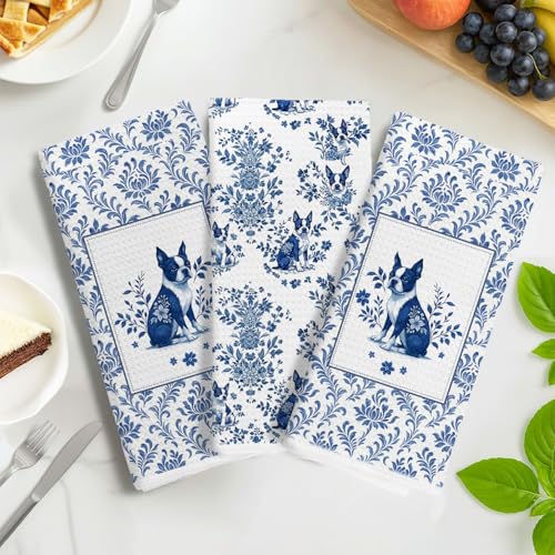 Image of Blue Chinoiserie French Bulldog Kitchen Towels, Frenchie Gifts Dish Tea Towels, Gifts for French Bulldog Lovers, Grandmillennial Toile Dog Decorative Hand Towel for Bathroom, 16x24 Inch Set of 3
