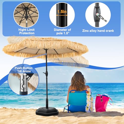 Image of 8FT Tiki Umbrella, Umbrella Outdoor Patio UV-Stability, Hawaiian Style Outdoor Umbrellas for Patio 8 large Ribs, Thatched umbrellas with Push Button Tilt and Crank Lift for Tiki Bar, Pool, Beach, Natural