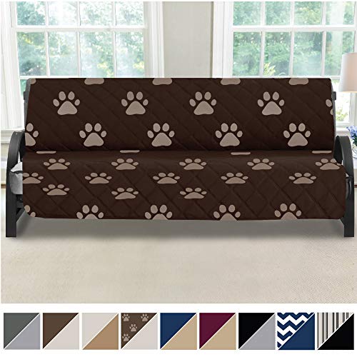 MIGHTY MONKEY Premium Reversible Futon Slipcover, Seat Width to 70 Inch Furniture Protector, 2 Inch Elastic Strap, Washable Slip Cover for Futons, Protects From Kids, Dogs, Futon, Paw, Chocolate Taupe