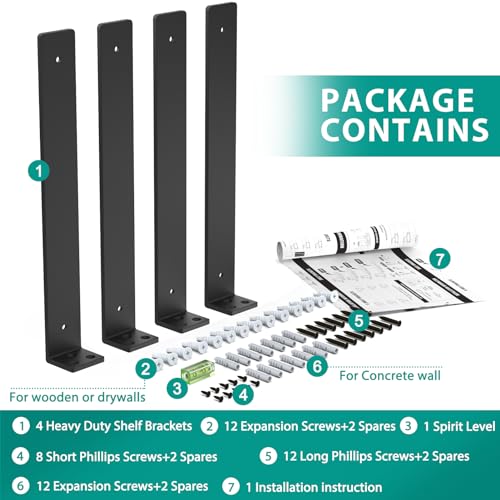 Goovilla Heavy Duty Floating Shelf Brackets 12 Inch for 2×4” Wood Stud, 4 Pack L Brackets for Shelves or Shelving, Black Coated Metal Shelf Hardware with 160 lb. Load Capacity and Easy Installation by Goovilla - Image 7