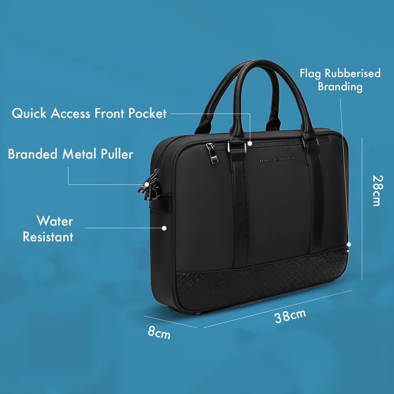 Image of Tommy Hilfiger Unisex Business Case KOVA - Black | EVA-Laminated Briefcase with Leather Handles | Gunmetal Hardware | Messenger Bag with Trolley Holder | Organised Interior with Accessory Holder