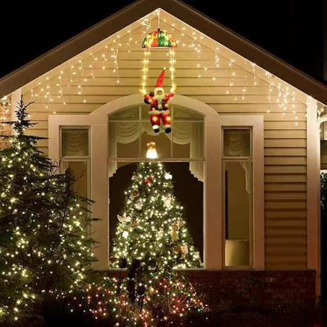 Christmas Decorations Lights Outdoor, 88 LED Christmas Parachute Lights with Santa Claus, 8 Modes Hanging Warm White Xmas Light, Holiday Decorative Lighting for Roof Eave Porch Balcony Indoor Decor
