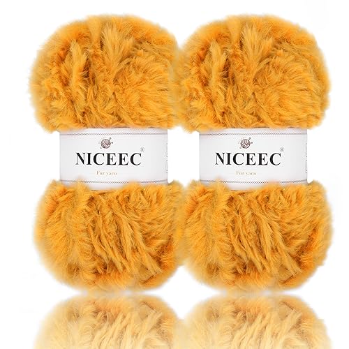 Image of NICEEC 2 Skeins Faux Fur Yarn Super Soft, Chunky & Fluffy, Eyelash Yarn for Crochet & Knitting (Total Length 70yds,3.53oz) - Pumpkin