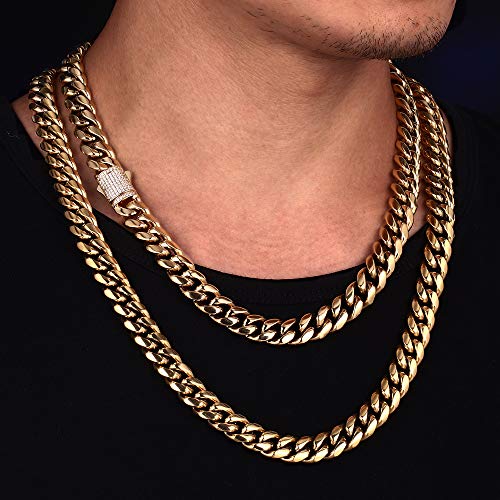 Luxfine 10/12Mm Miami Cuban Link Chain 14K Real Gold Plated Premium Stainless Steel Necklace Hypoallergenic Hip Hop Jewelry For Men Women Christmas Father Day Birthday Gift (Double-Sided Iced Out Clasp, With Box & Pouch) #TOP2