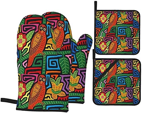 Ensemble de Cuisine Mola De Panama Mitaines de Four et maniques, 4 pièces Gants de Cuisine résistants à la Chaleur Coussinets Chauffants pour Barbecue Cuisson grillades