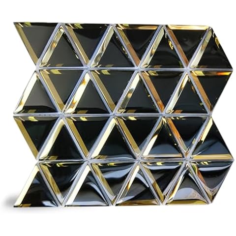 Diflart Beveled Mirror Glass Mosaic Tile, Black and Gold, 3 Inch Triangle, Glass Tile for Bathroom Kitchen Backsplash Shower Wall, Pack of 5 Sheets Cover