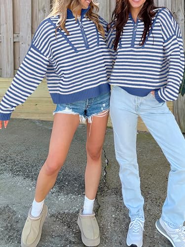 Image of ANRABESS Sweaters for Women Striped Half Zip Long Sleeve Ribbed Knit Pullover Comfy Casual Lightweight Tops 2026 Fall Fashion