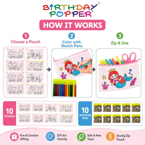 Image of Birthday Popper Birthday Return Gift for Kids Pouch & Sketch Pens Set of 10