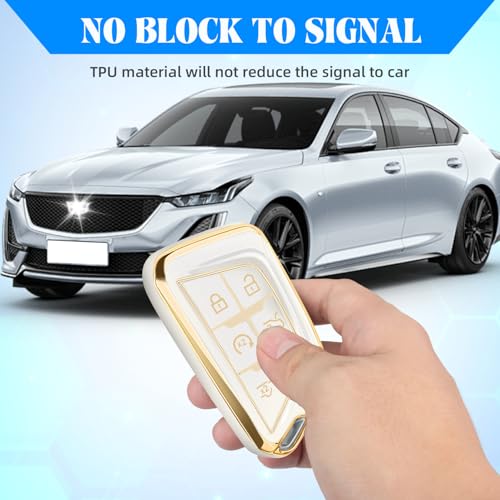 Image of QBUC for Cadillac Key Fob Cover with Leather Keychain (Gold Trim White) | Soft TPU Protection Case Compatible with 2020-2026 Cadillac Escalade Lyriq Optiq 6-Buttons