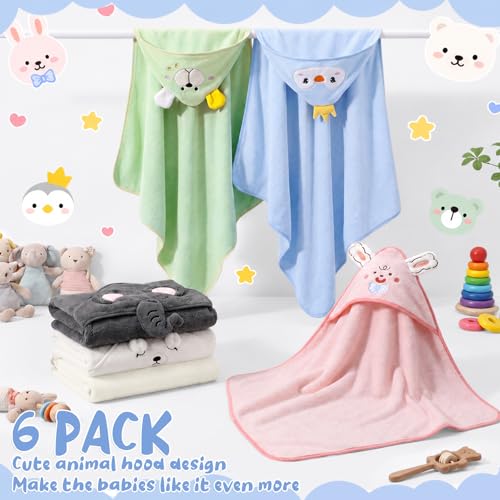 Image of SmoothNovelty 6 Pack Baby Hooded Towels Infants and Toddlers Coral Fleece Baby Bath Towels 31.5 x 31.5 Inch Absorbent Cute Soft Newborn Bath Essentials Gifts for Boys & Girls(Multicolor,Chic)