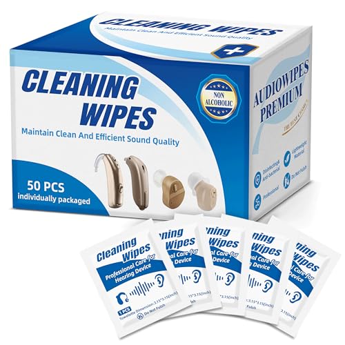 50 Count Hearing Aids Cleaning Wipes Individually Packaged Hearing Aid Audio Wipe Cleaning Towelette Tool Kit Supplies Hearing Aid Accessories Suitable for Hearing Amplifier, Earmold, Earbuds, Earwax