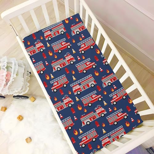 Image of Fire Trucks Red Cars Crib Sheets Soft Breathable Fitted Baby Playard Sheets Mattress Cover for Girl Boys, 39 inch x 27 inch x 5 inch