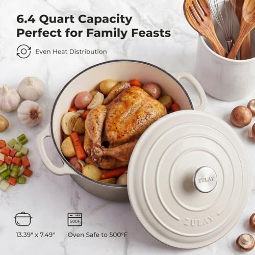 Image of Zulay Kitchen 6.4QT Enameled Cast Iron Dutch Oven Pot with Lid, Heavy-Duty Soup Pot for Stews, Braising, Roasting & Sourdough Bread Baking, Oven Safe up to 500F - White