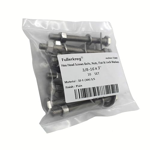 Miniatura 8 de (5 juegos) Tornillos de cabeza hexagonal de acero inoxidable de 38-16x3 pulgadas, tuercas, arandelas planas y de bloqueo, 18-8 (304) SS, totalmente