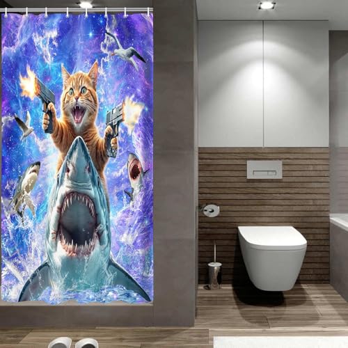 Image of Funny Cat Shower Curtain for Kids, Cute Kitten Riding Shark Ocean Theme Hilarious Cool Fun Grey Purple Wave Animal Nautical Whale Boys Bathroom Sets Decor Fabric Polyester Waterproof 12 Pack Hooks