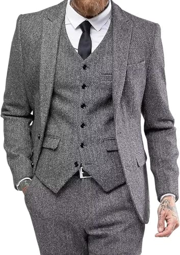 Retro 3 Piece Men's Suits Slim Fit Tweed Herringbone Groom Tuxedos Prom Blazer Vest Pants Set