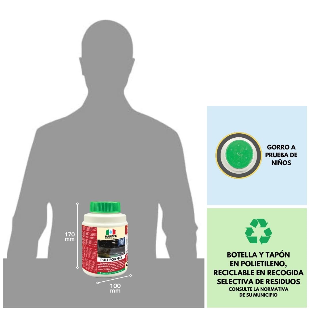 MARBEC PULIFORNO® 1KGX6Uds Gel detergente desincrustante para hornos y barbacoas, elimina grasa y costras negras, se adhiere a superficies verticales, sin disolventes.
