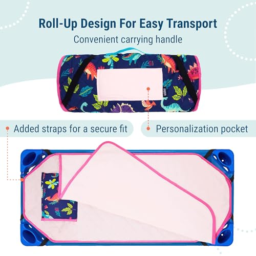 Image of Wildkin Modern Kids Nap Mat with Pillow for Boys & Girls - Cotton Blend, Elastic Straps, Toddler Sleep Mat for Daycare, Preschool, Kindergarten & Travel, Ages 3-7, Machine Washable - Dino Pals