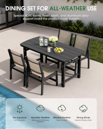 Image of HDPE Outdoor Patio Dining Set with Table & 4 Stackable Armless Textilene Chairs, All-Weather 5-Piece Patio Furniture Set with Umbrella Hole for Lawn & Garden, Poolside, Backyard | Black