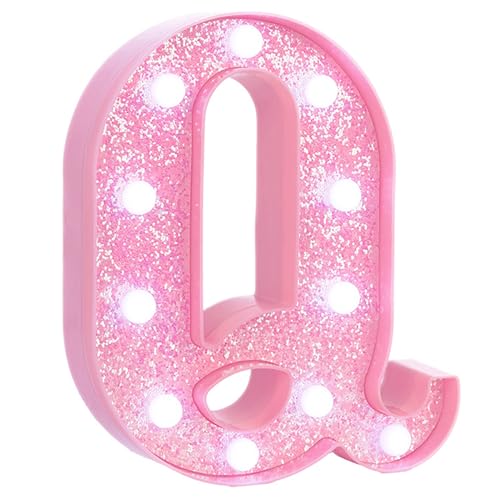 Image of Pink Marquee Light Up Letters, Glitter Alphabet LED Letter Lights for Pink Birthday Party Decorations, Battery Operated Letter Sign for Girls Room Vanity Table Decor, Cool White Lights Letter Q