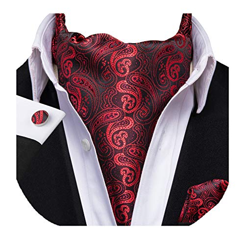Dubulle Men Silk Red Paisely Ascot Jacquard Woven Casual Cravat Tie Pocket Square Set
