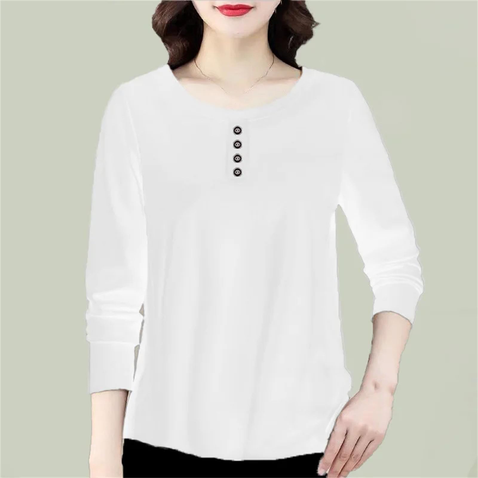 Camiseta básica holgada con botones para mujer, color liso, cuello redondo, manga larga