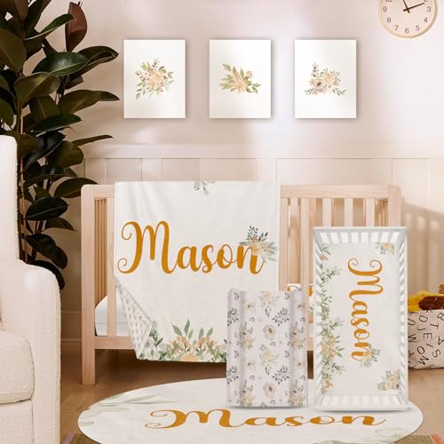 YISMEET Floral Personalized Baby Crib Bedding Set – Custom Name 5-Piece Nursery Crib Set with Baby Blanket Fitted Sheet Changing Pad Cover Room Rug and Wall Art – Girl’s Nursery Decor